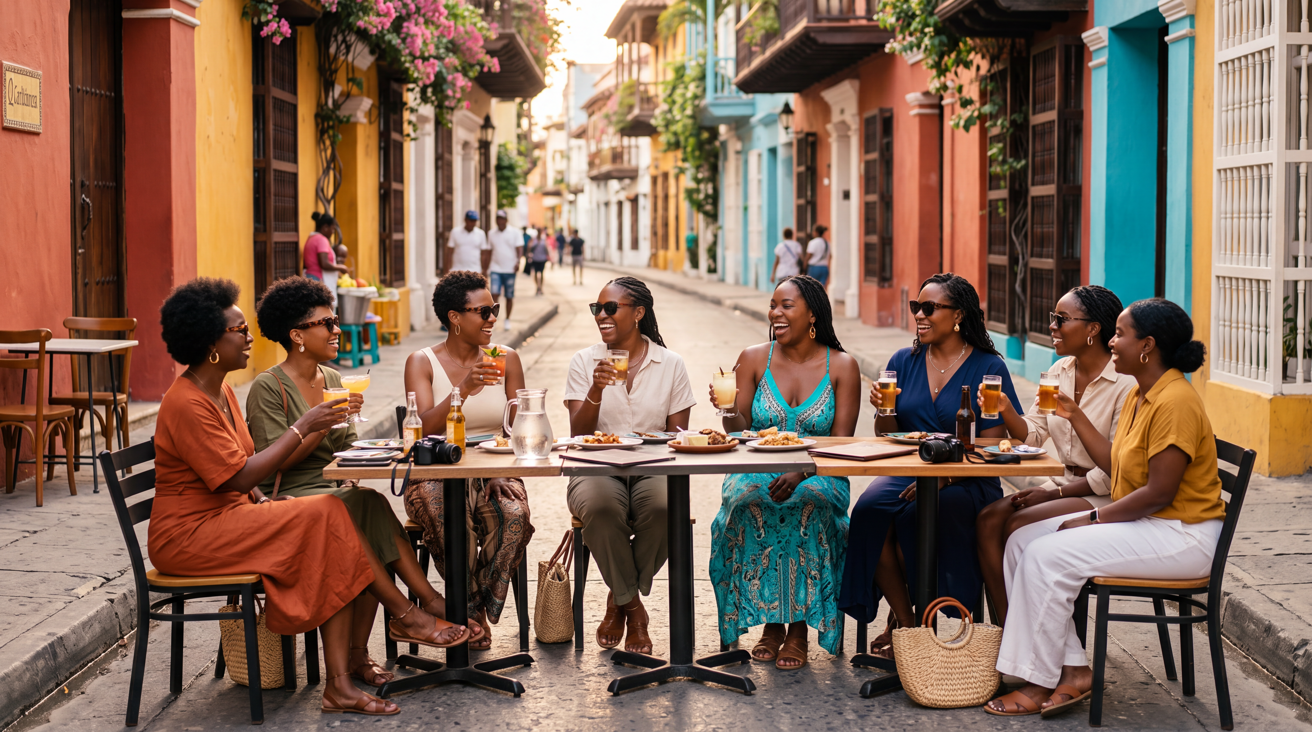Black women travelers sharing a celebratory meal together at a luxury dining table