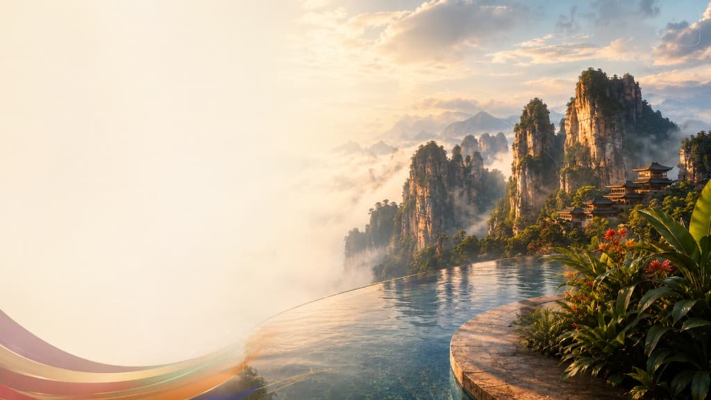 Misty karst mountains at sunrise with luxury infinity pool and traditional pavilion architecture